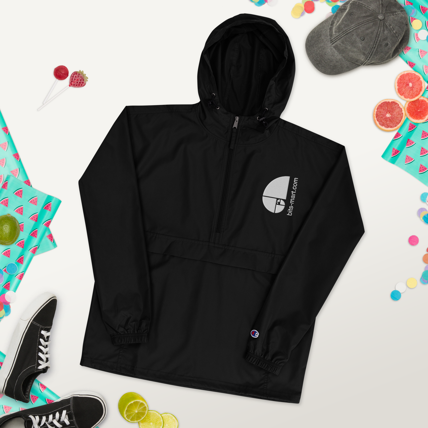 Embroidered Champion Packable Jacket — Black