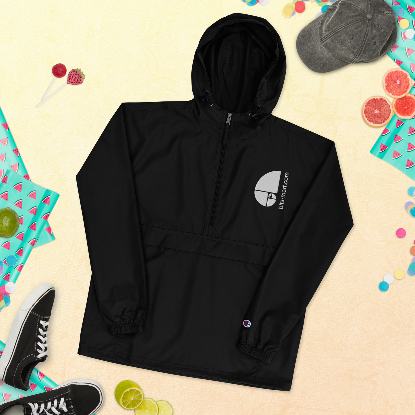 Embroidered Champion Packable Jacket — Black