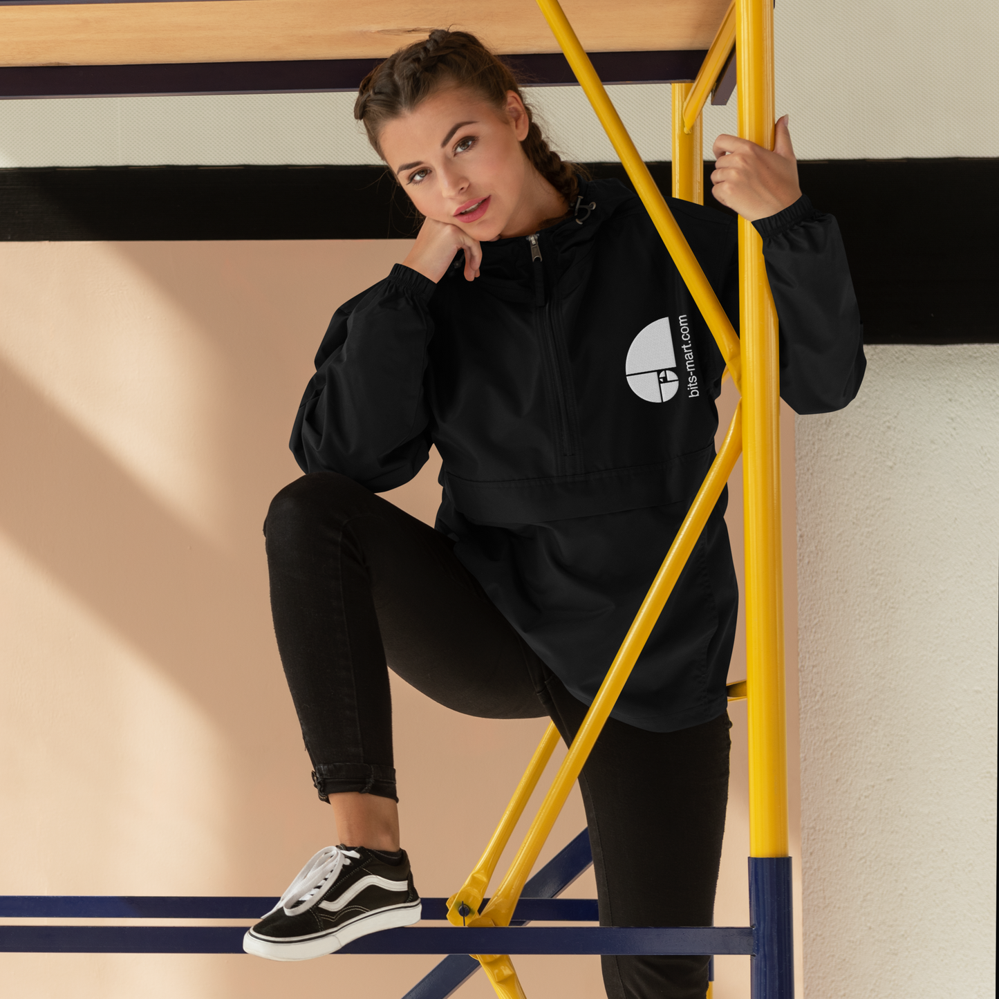 Embroidered Champion Packable Jacket — Black