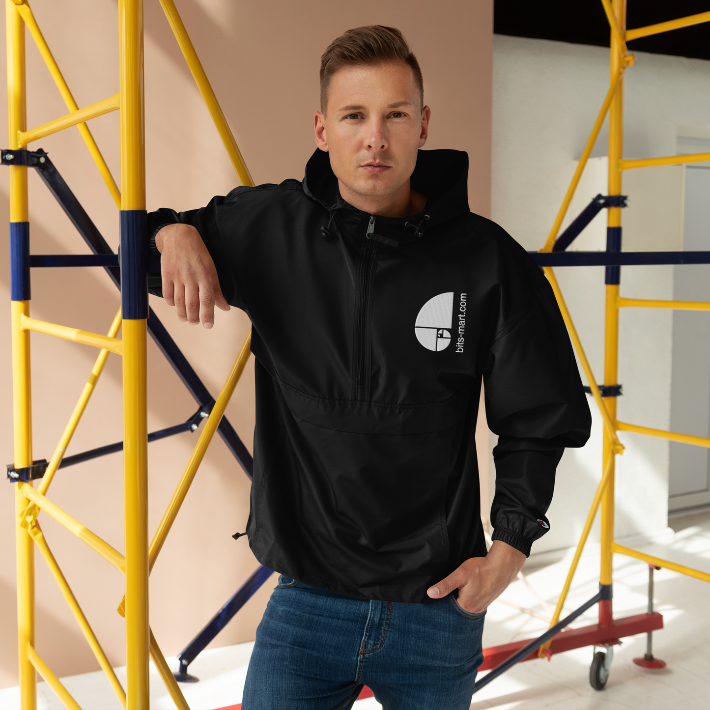 Embroidered Champion Packable Jacket — Black