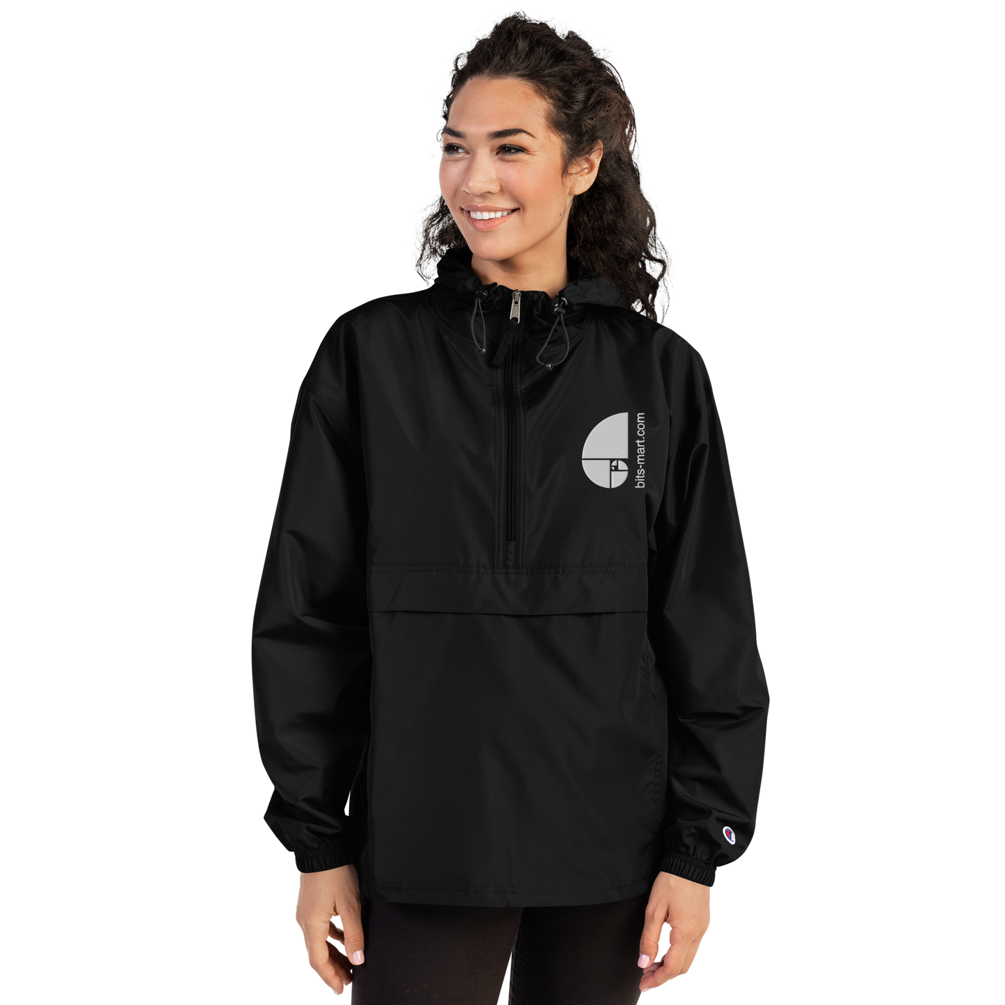 Embroidered Champion Packable Jacket — Black