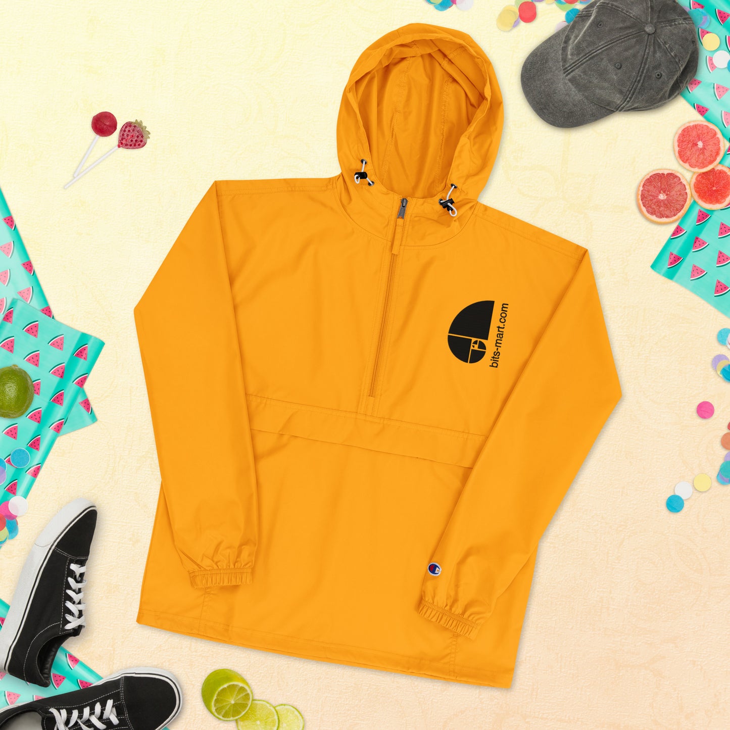 Embroidered Champion Packable Jacket — Orange