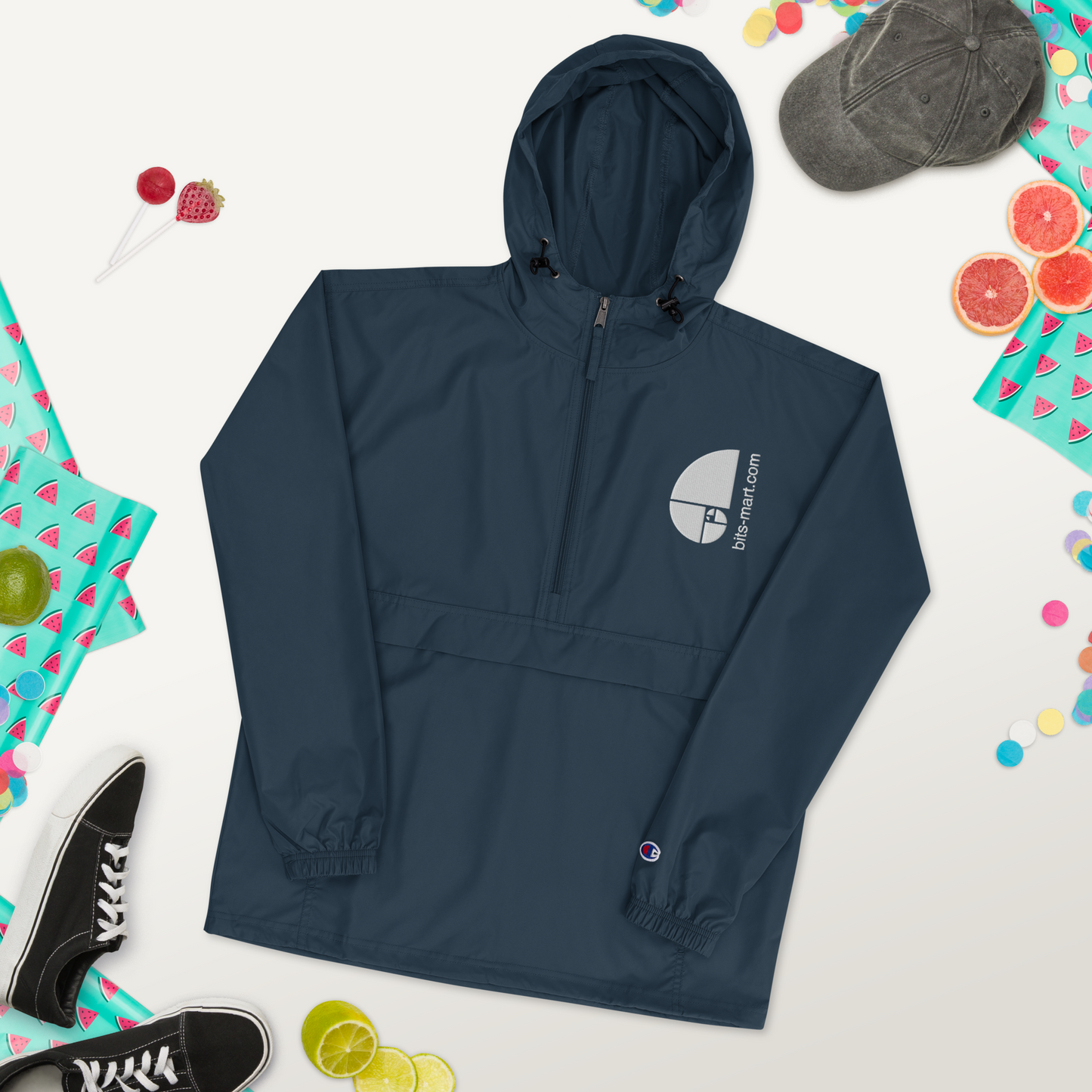 Embroidered Champion Packable Jacket — Navy