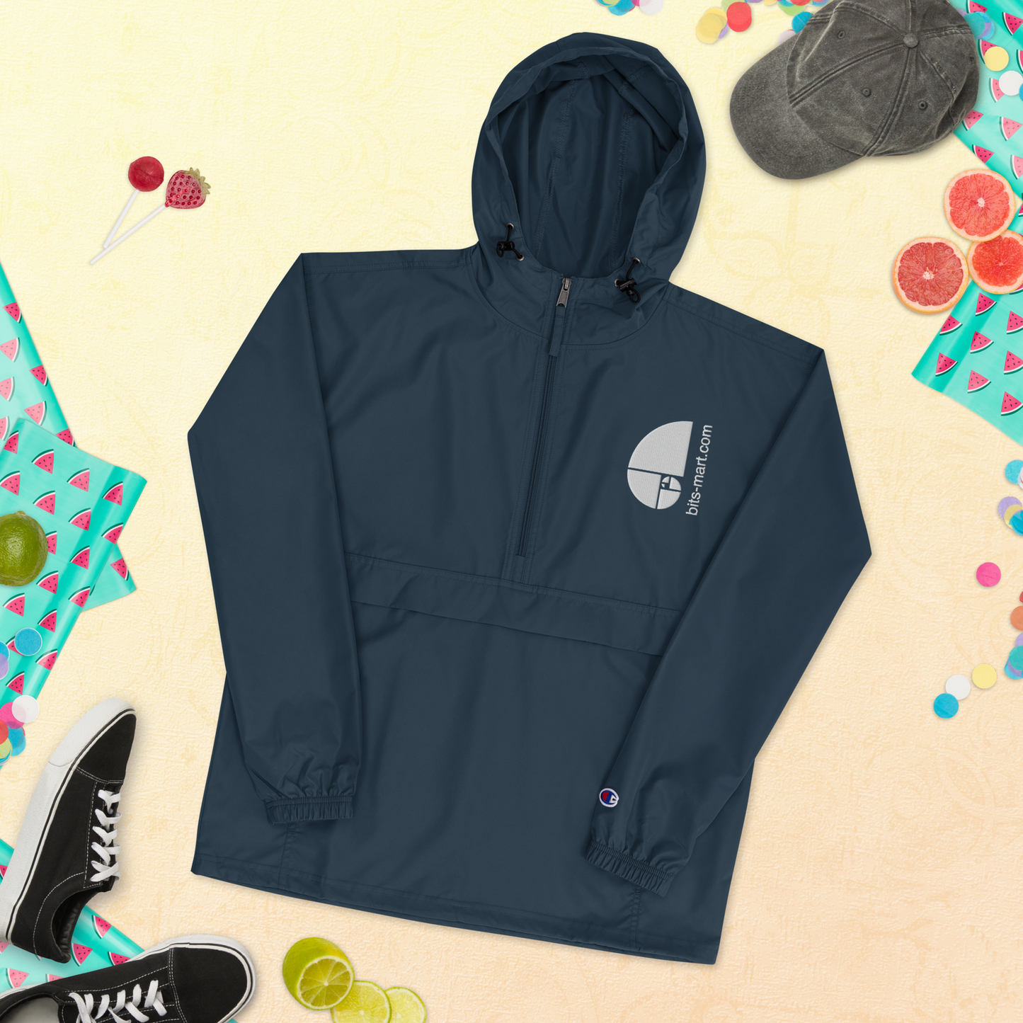 Embroidered Champion Packable Jacket — Navy