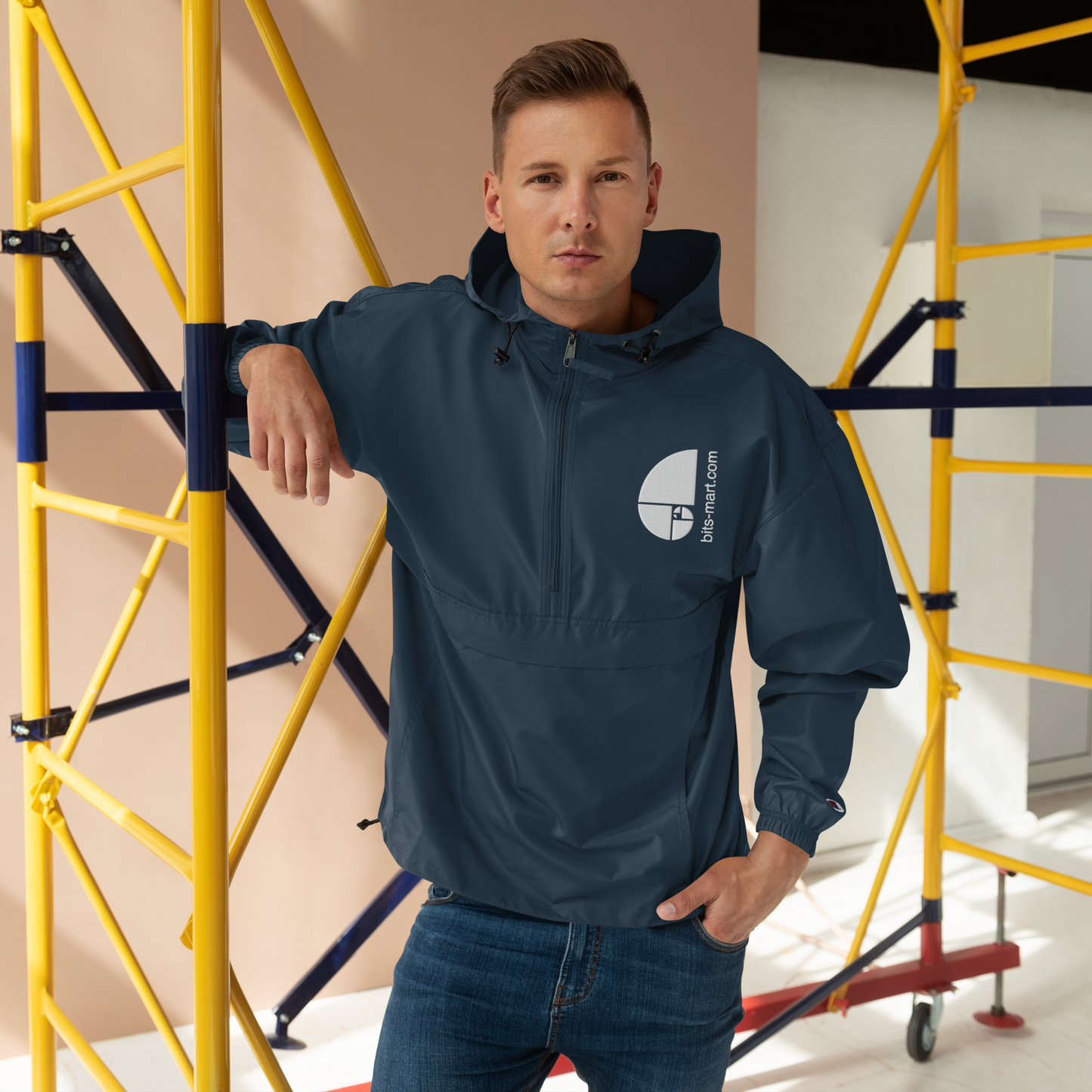 Embroidered Champion Packable Jacket — Navy