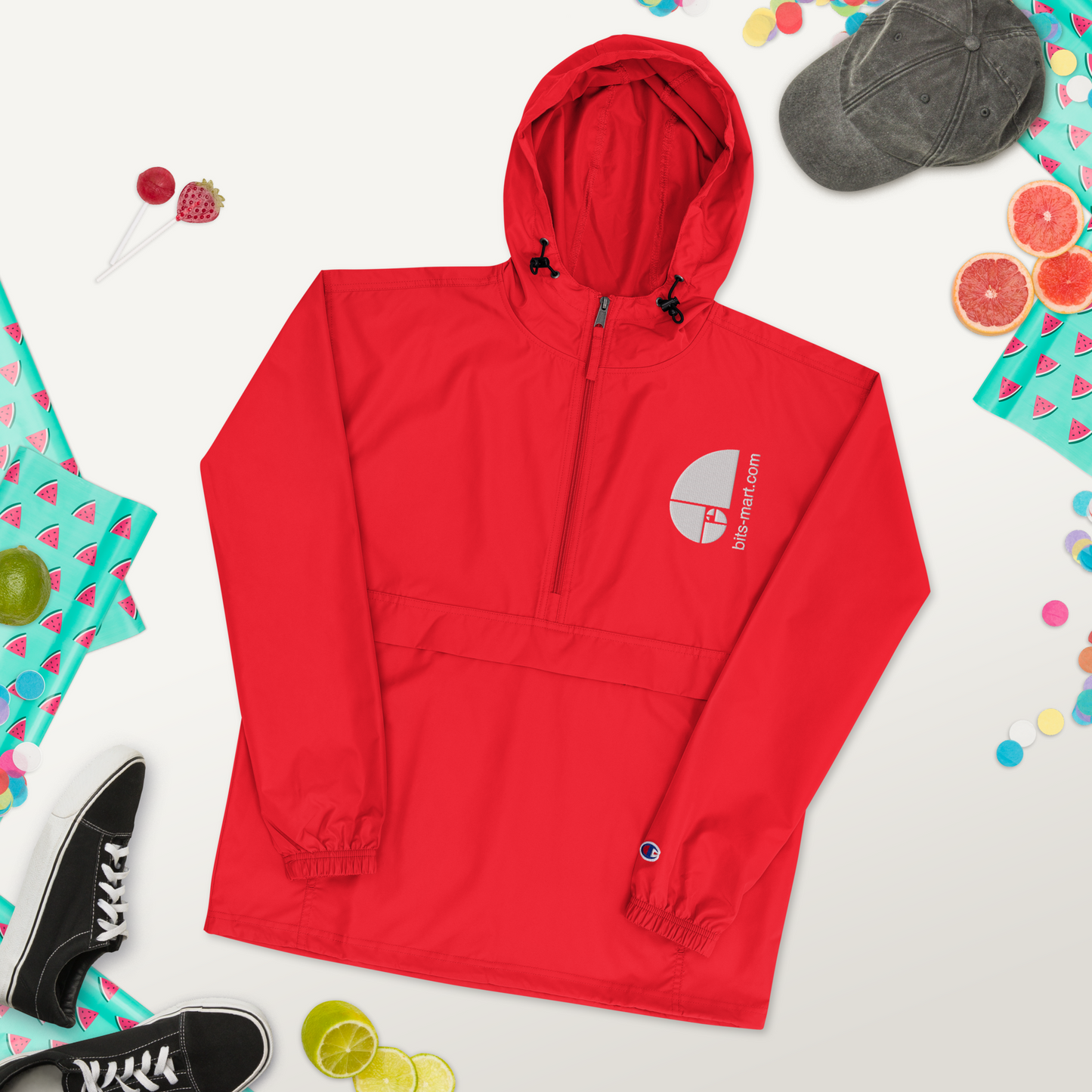 Embroidered Champion Packable Jacket — Red