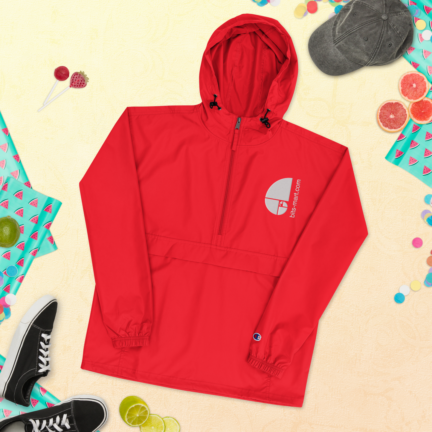 Embroidered Champion Packable Jacket — Red
