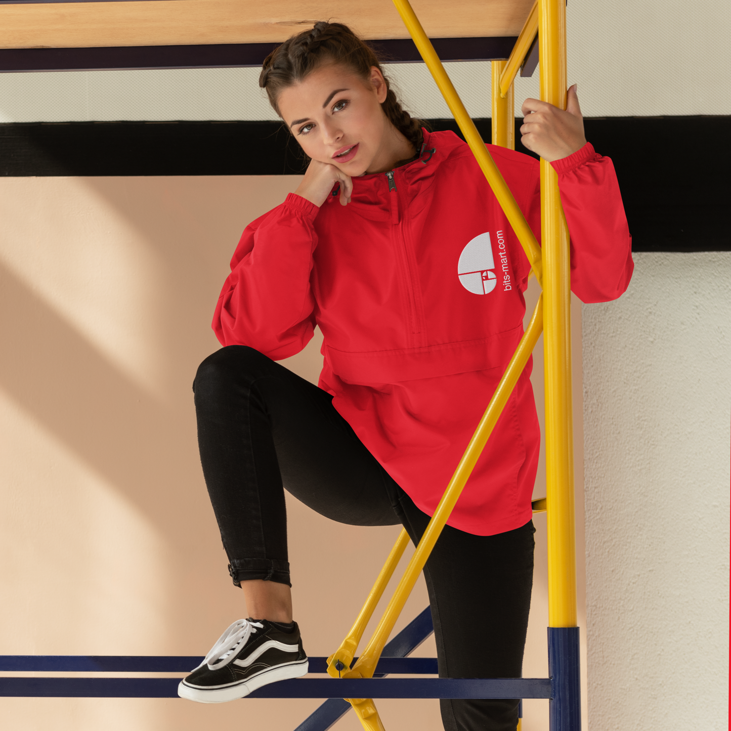 Embroidered Champion Packable Jacket — Red
