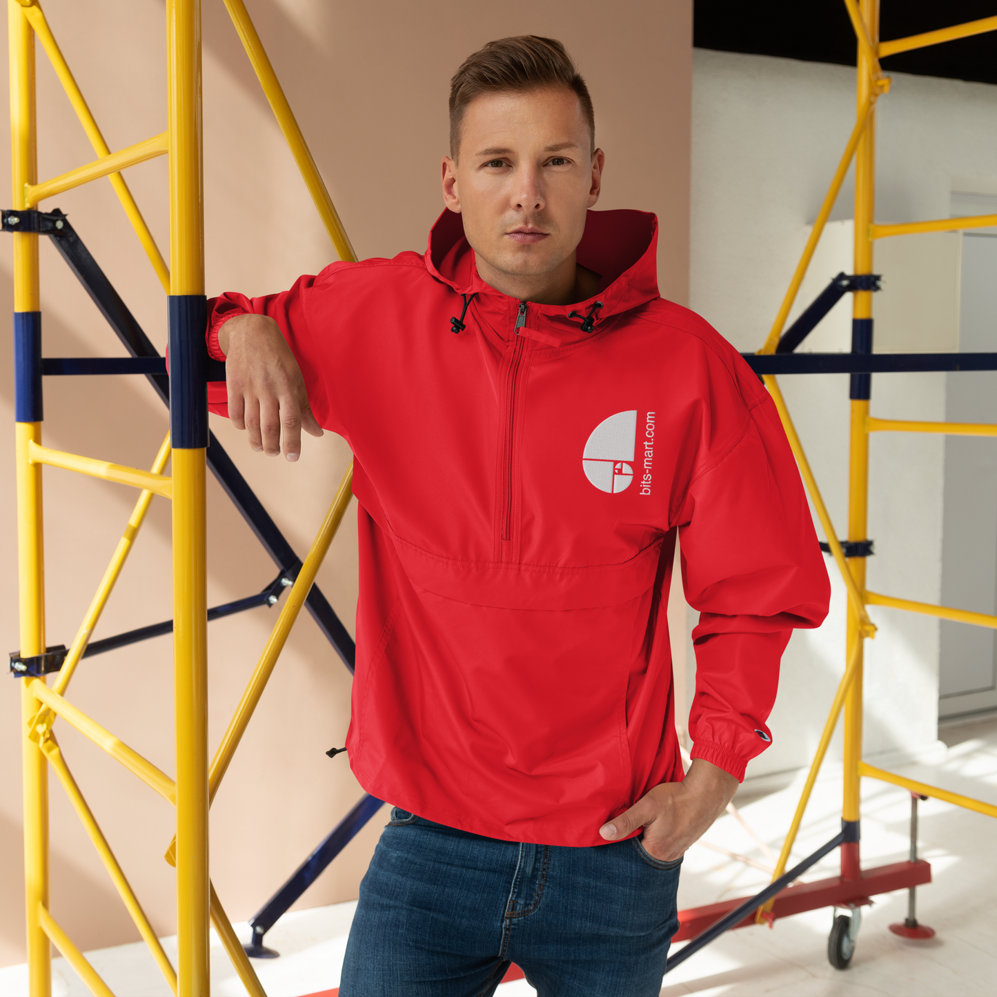 Embroidered Champion Packable Jacket — Red