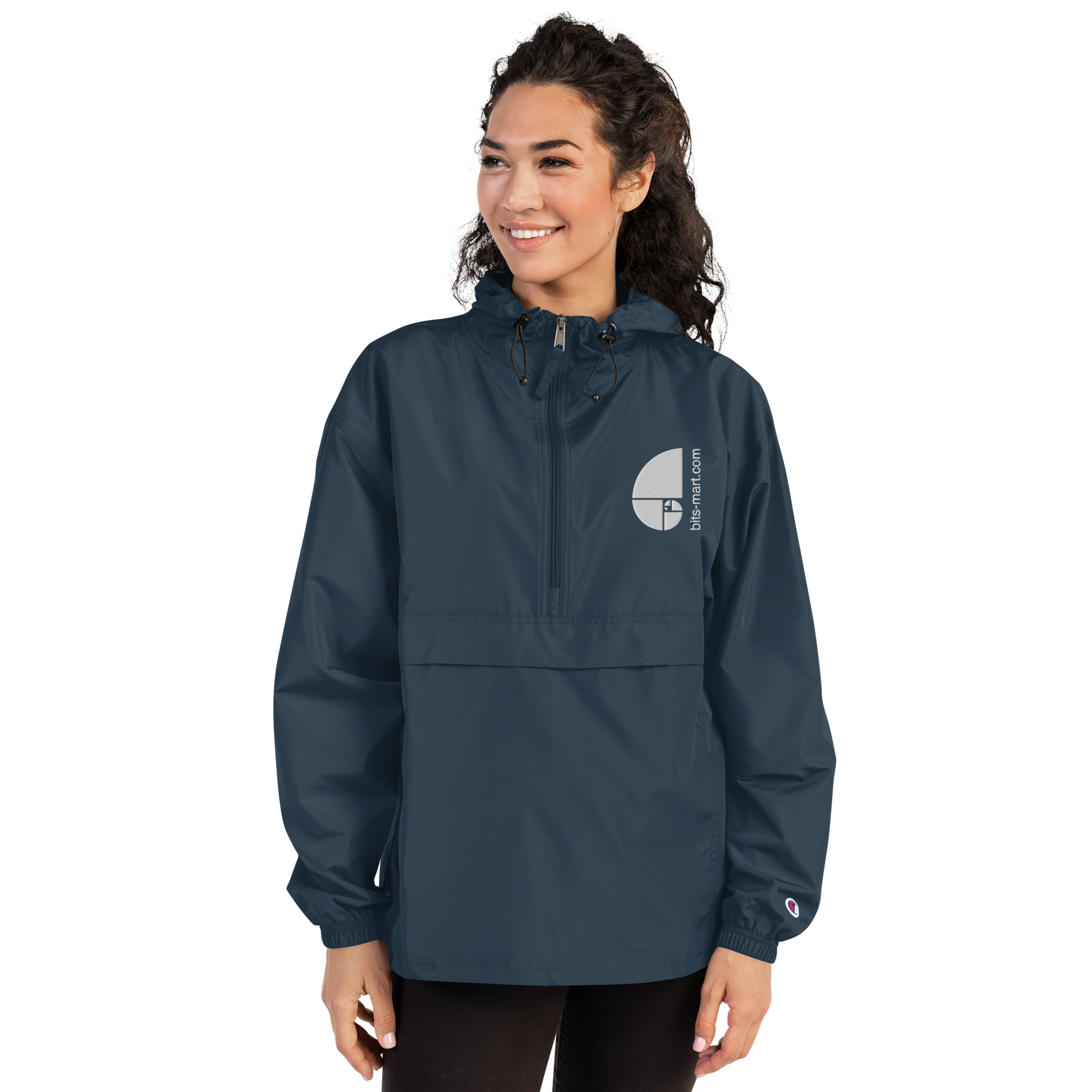 Embroidered Champion Packable Jacket — Navy