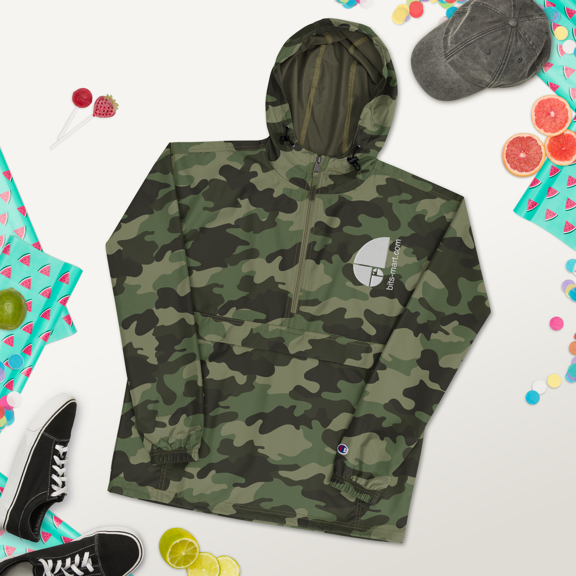 Embroidered Champion Packable Jacket — Olive Green Camo