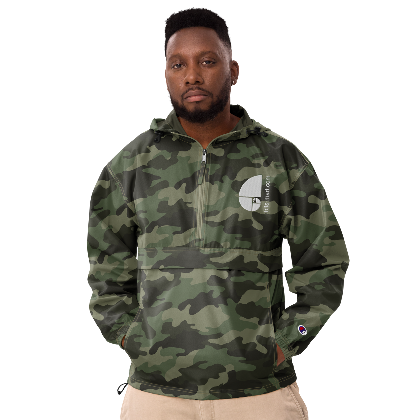 Embroidered Champion Packable Jacket — Olive Green Camo
