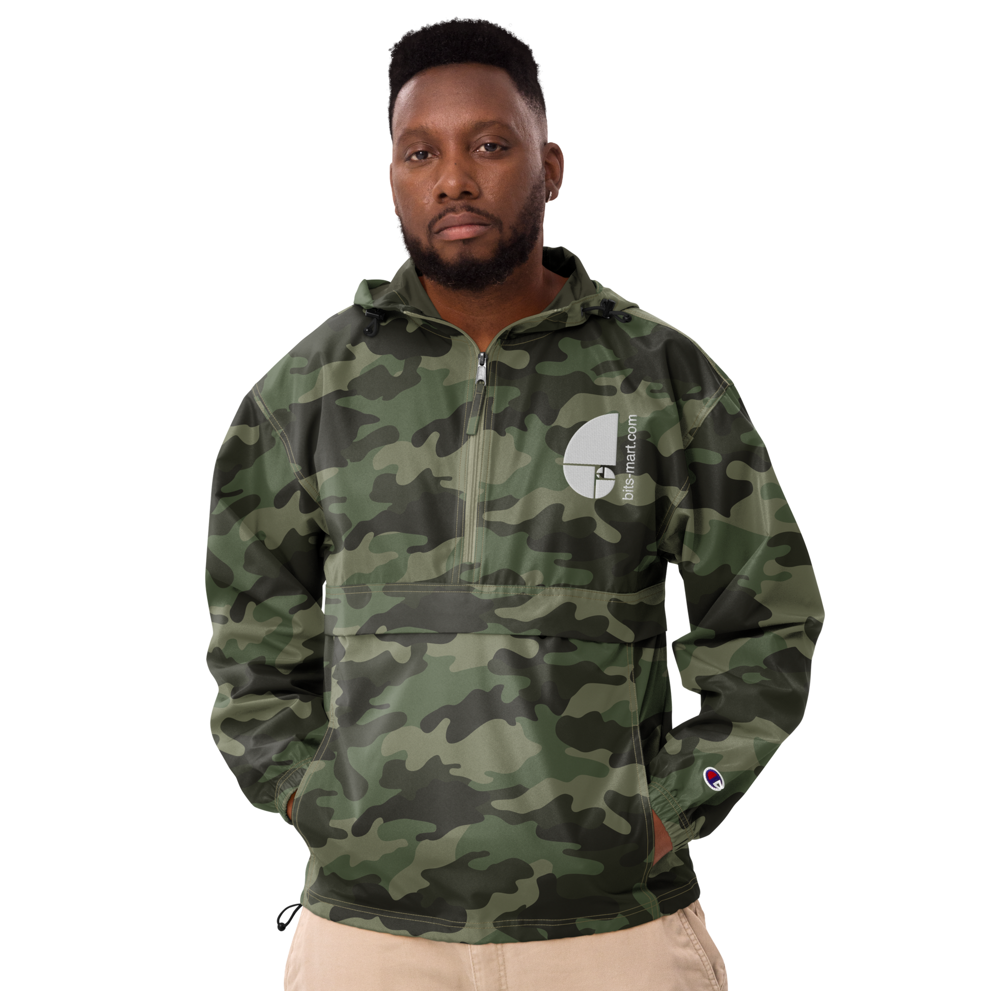 Embroidered Champion Packable Jacket — Olive Green Camo