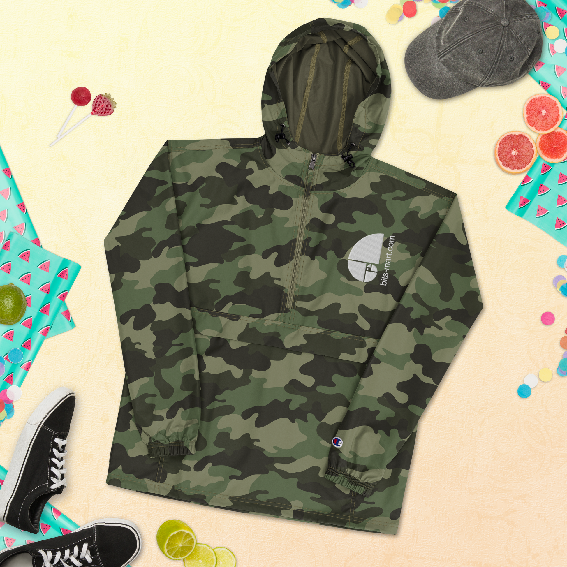 Embroidered Champion Packable Jacket — Olive Green Camo
