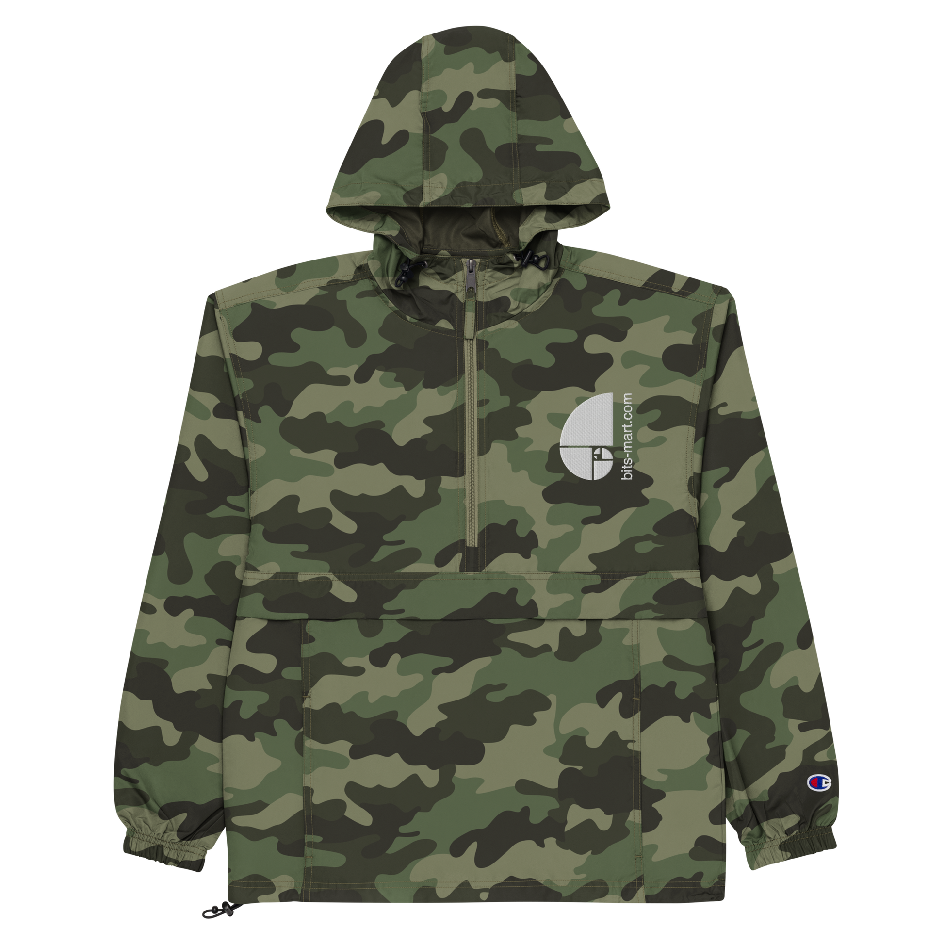 Embroidered Champion Packable Jacket — Olive Green Camo
