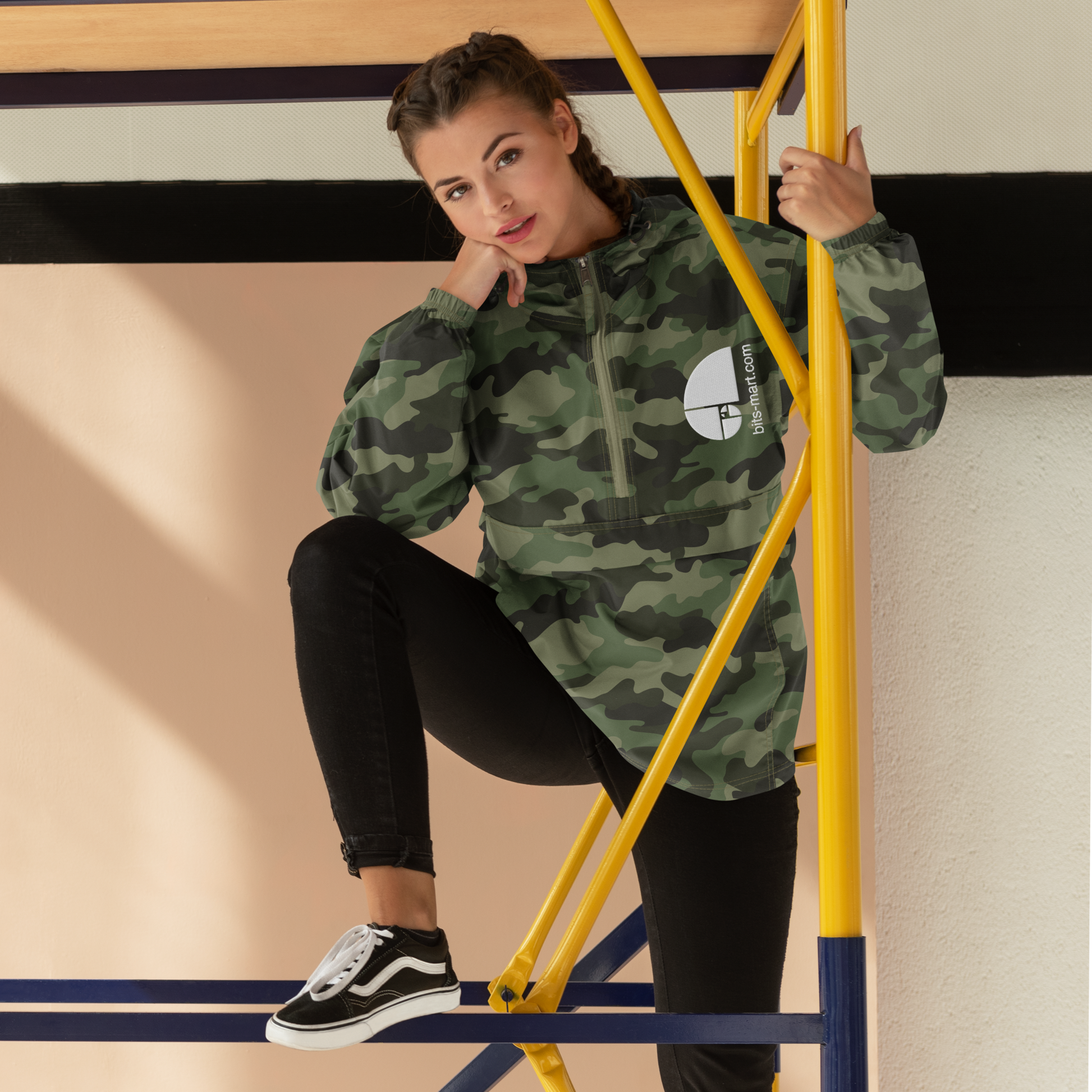 Embroidered Champion Packable Jacket — Olive Green Camo