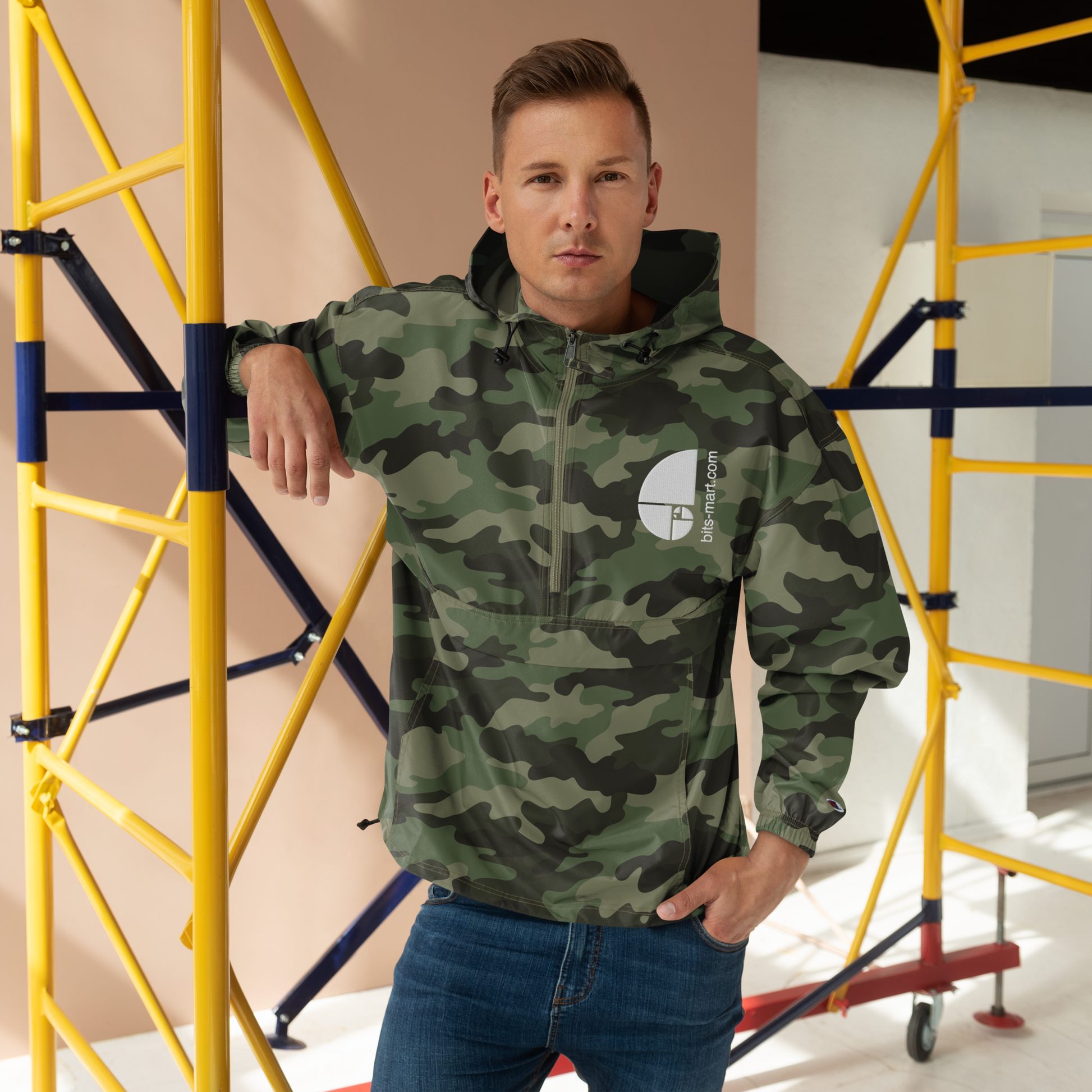 Embroidered Champion Packable Jacket — Olive Green Camo