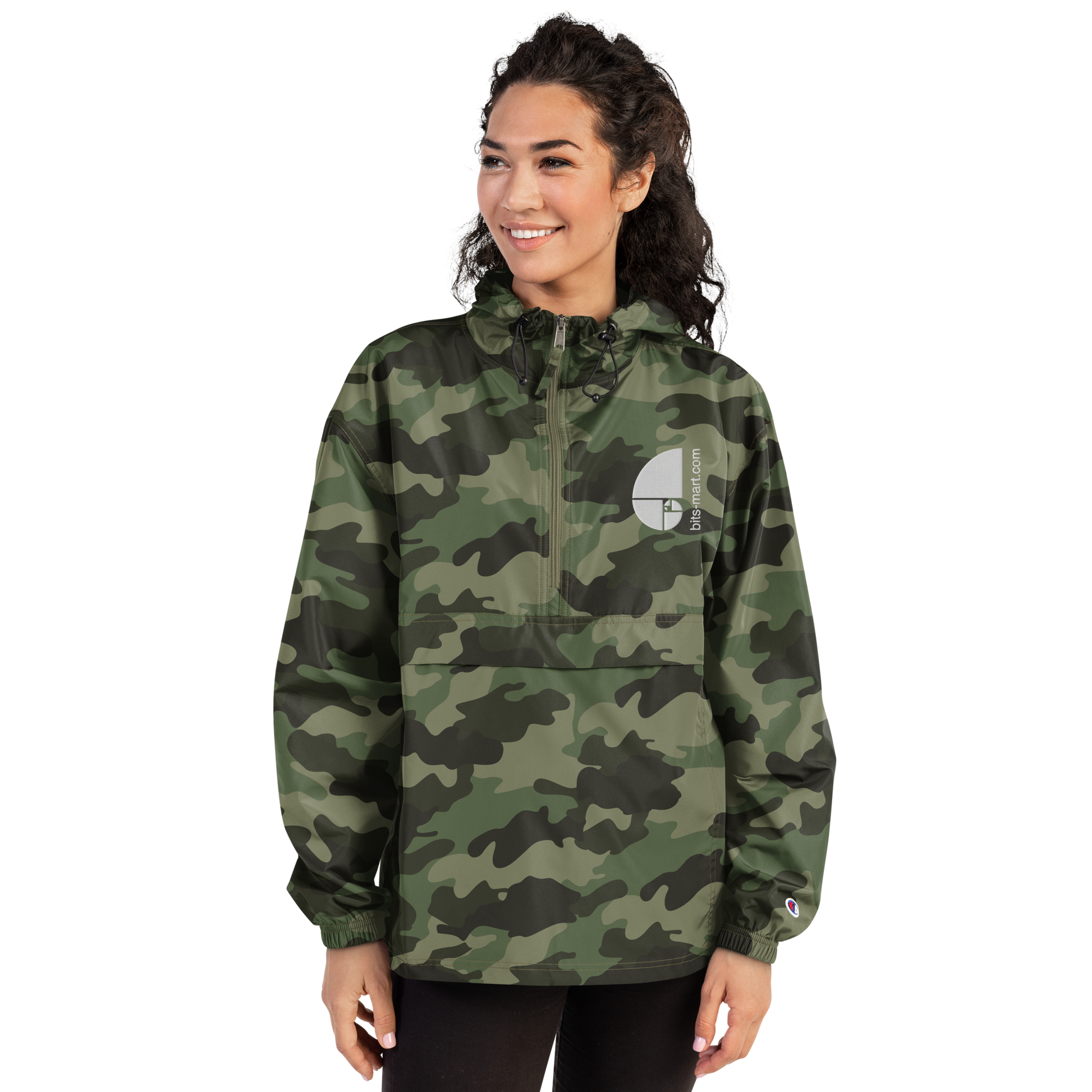 Embroidered Champion Packable Jacket — Olive Green Camo