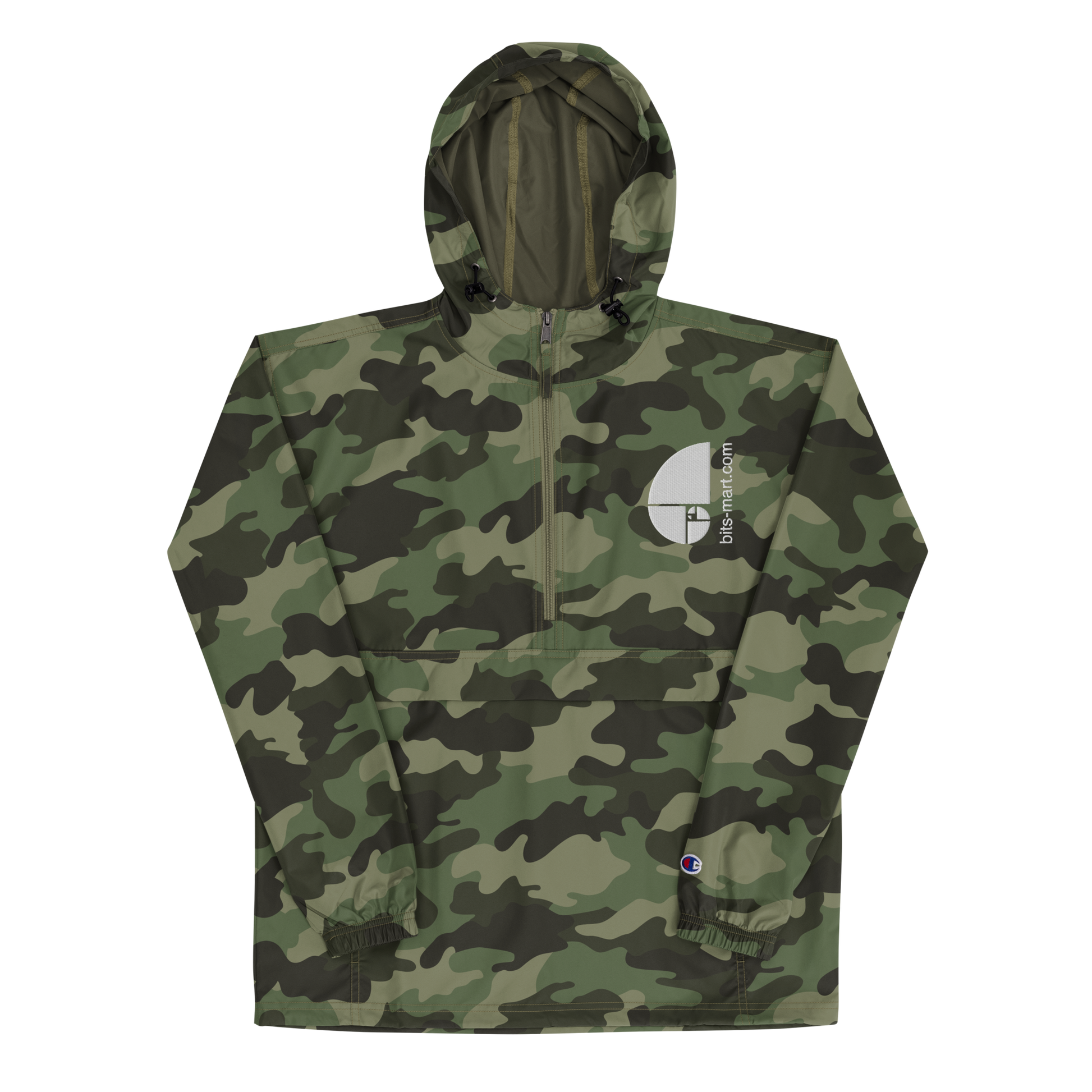 Embroidered Champion Packable Jacket — Olive Green Camo