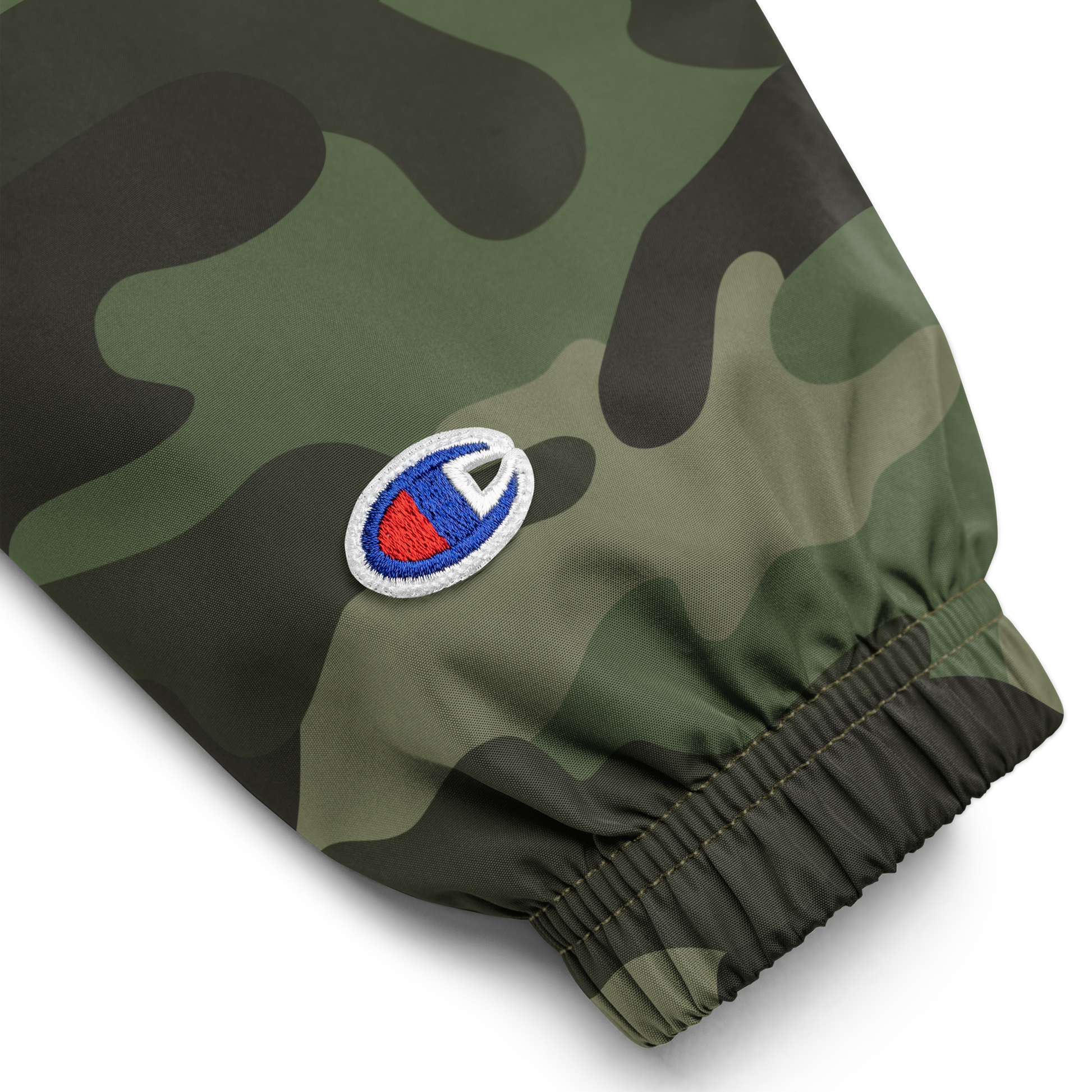 Embroidered Champion Packable Jacket — Olive Green Camo