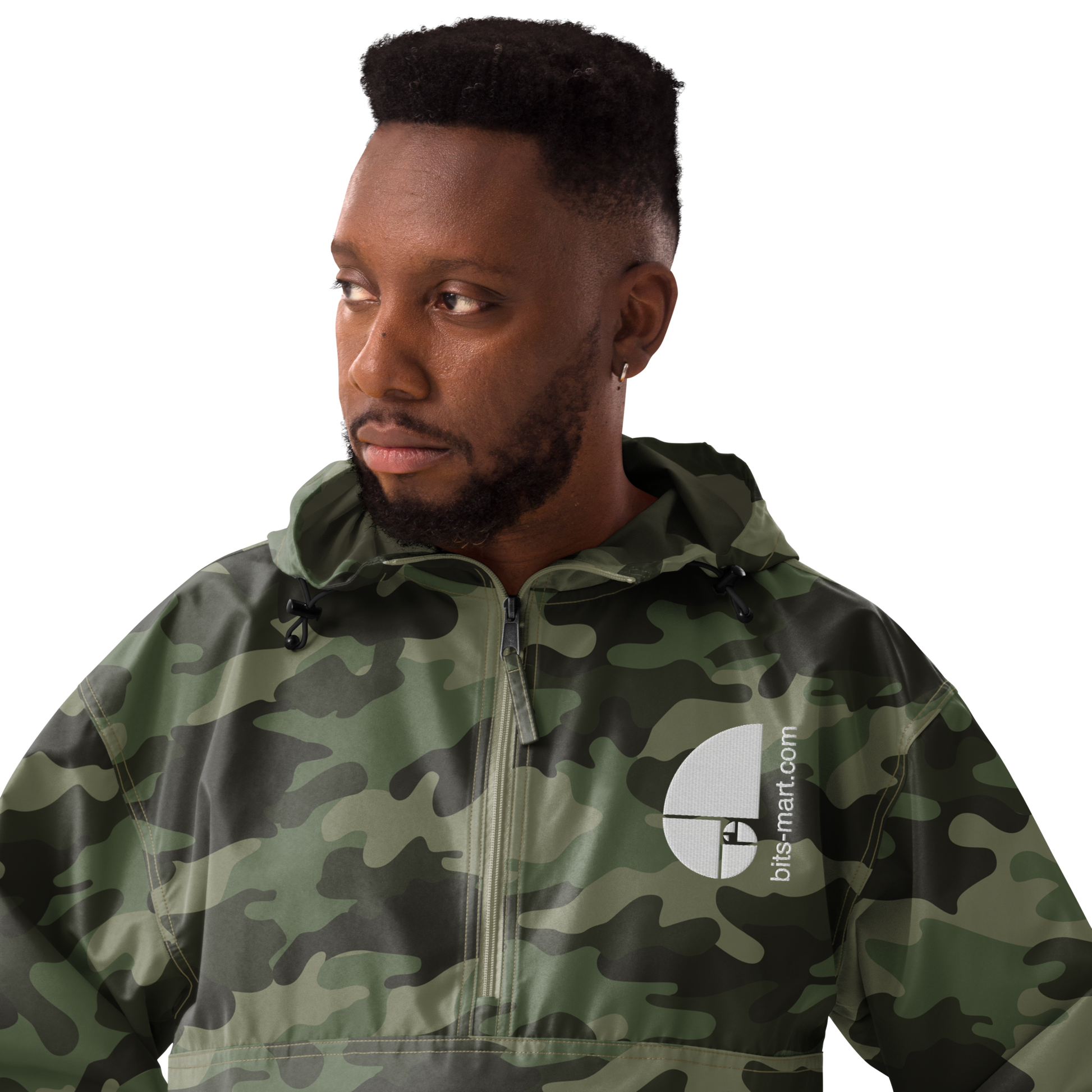 Embroidered Champion Packable Jacket — Olive Green Camo
