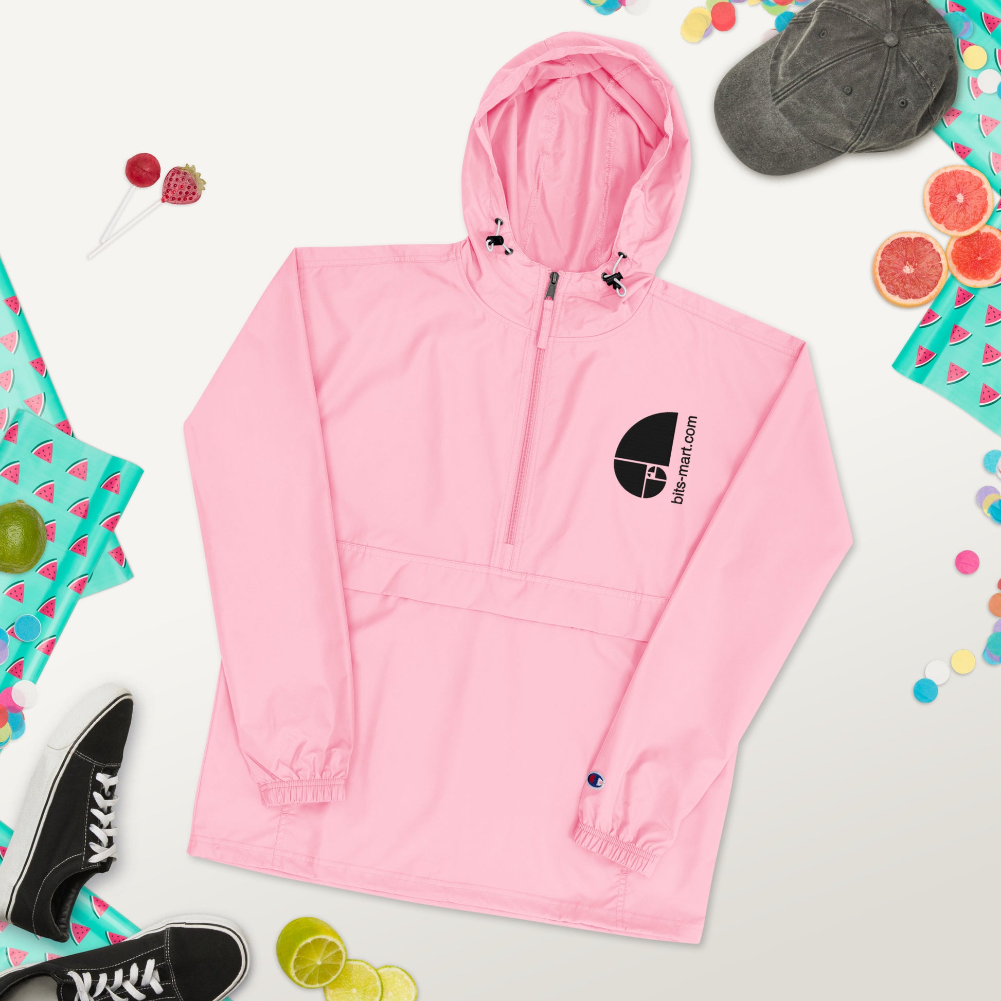 Embroidered Champion Packable Jacket — Pink