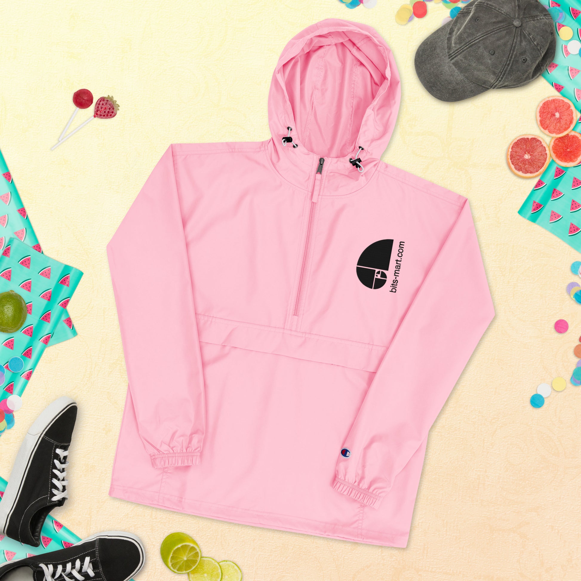 Embroidered Champion Packable Jacket — Pink