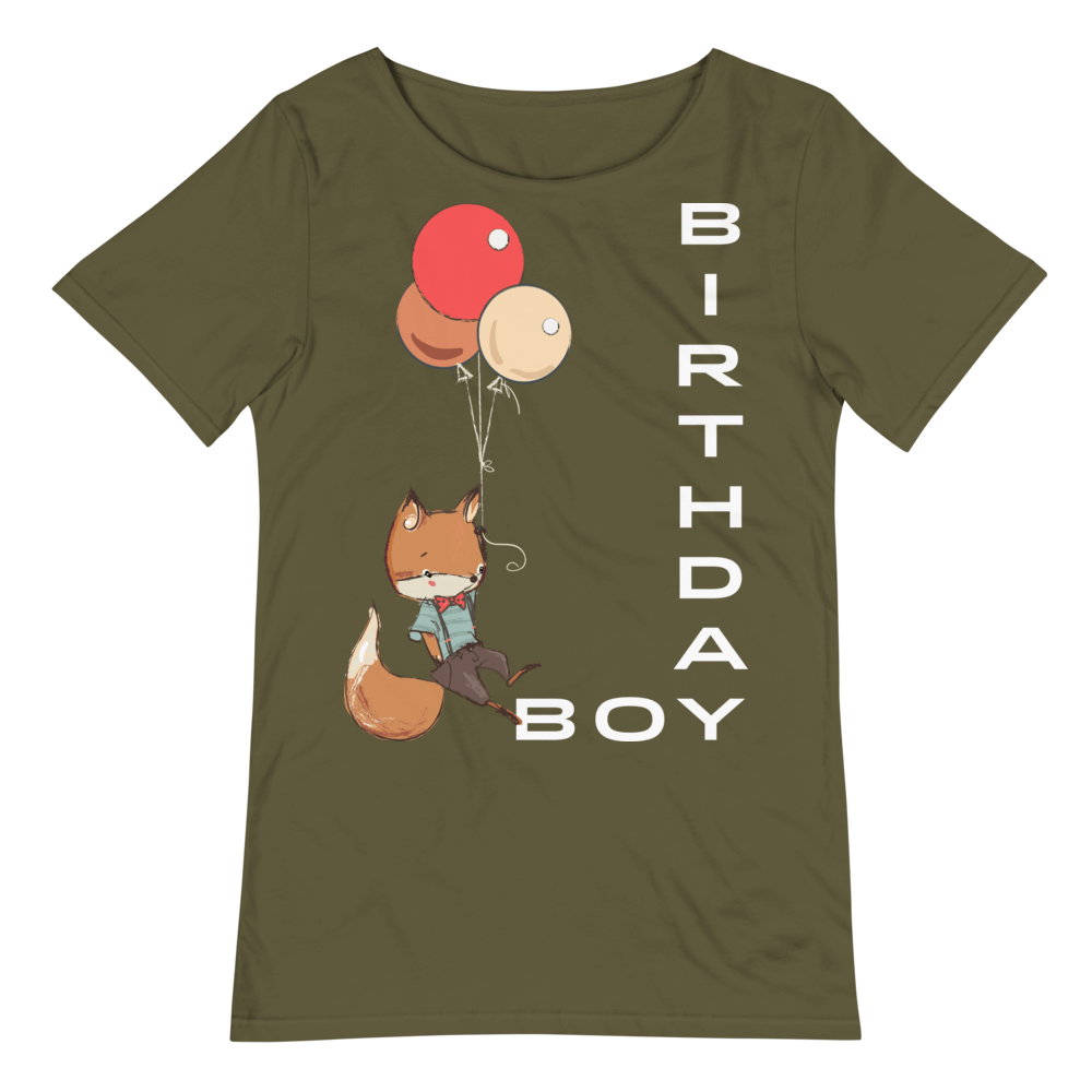 Men's Birthday Boy Relaxed Fit Raw Neck Tee with Cute Fox - Military Green